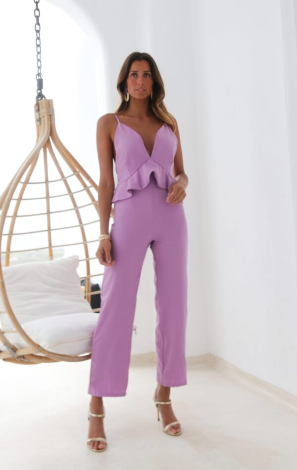 Hazel Jumpsuit Lavender Lilac Backless Ruffle strap Capri