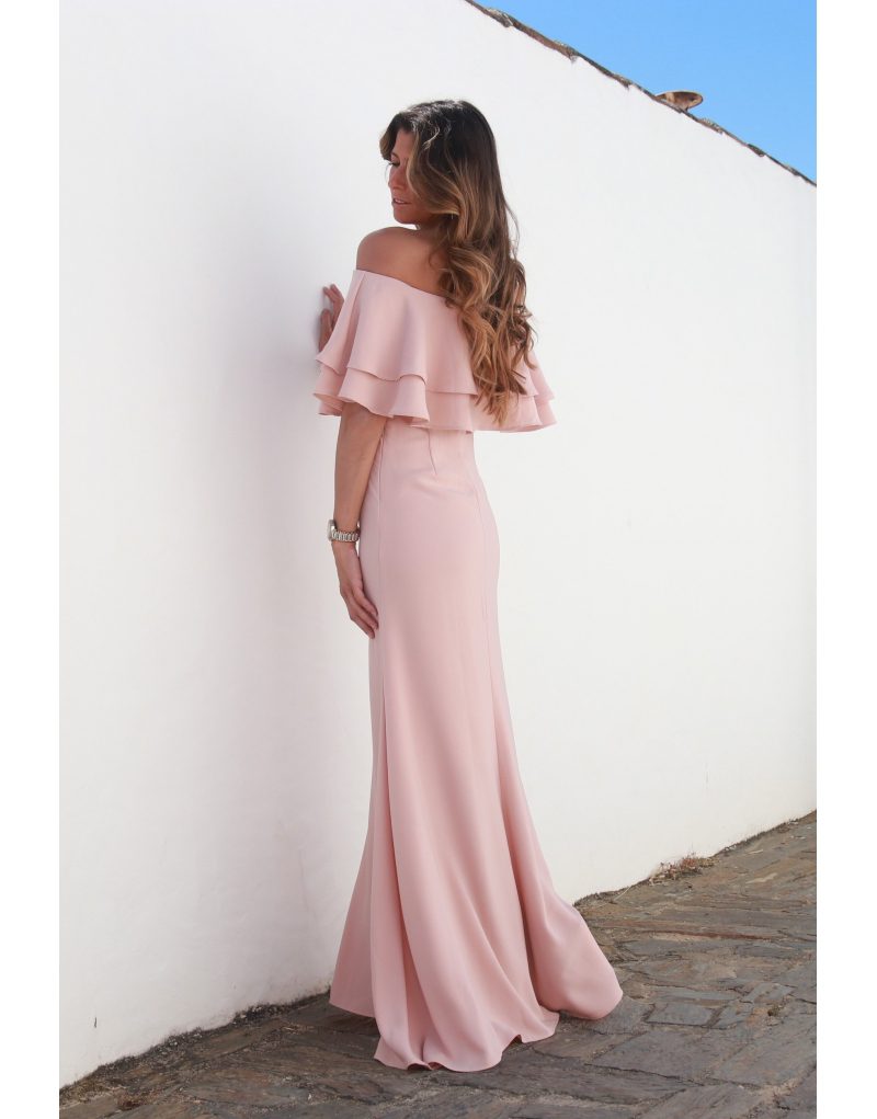 Hazel Vestido Santorini Comprido Rosa Pastel Rosa Velho Folhos