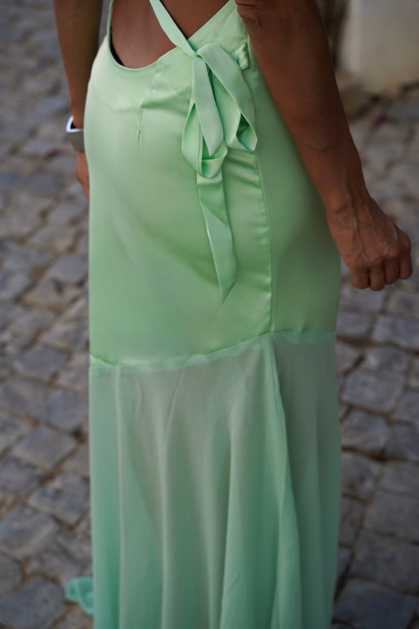 Vestido um ombro comprido combinado verde água - Image 3