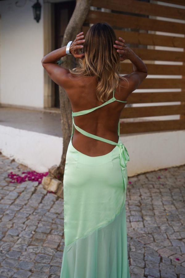 Vestido um ombro comprido combinado verde água - Image 9