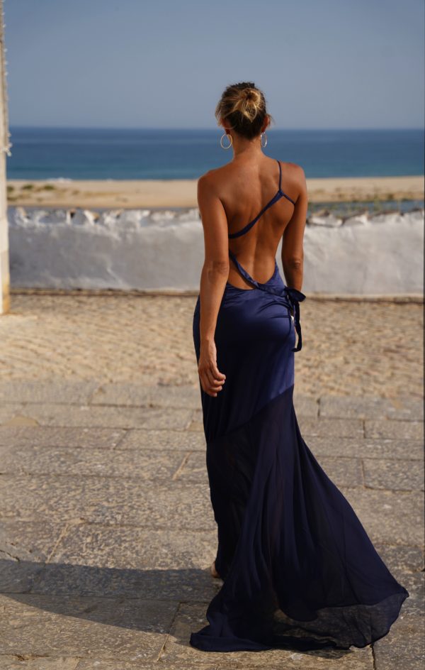 Long one-shoulder dress in navy blue - Image 4
